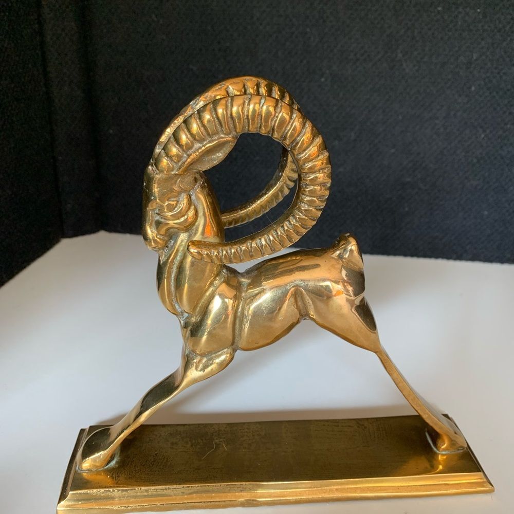 Vintage Brass Ram Gazelle Horns Bookend Sculpture